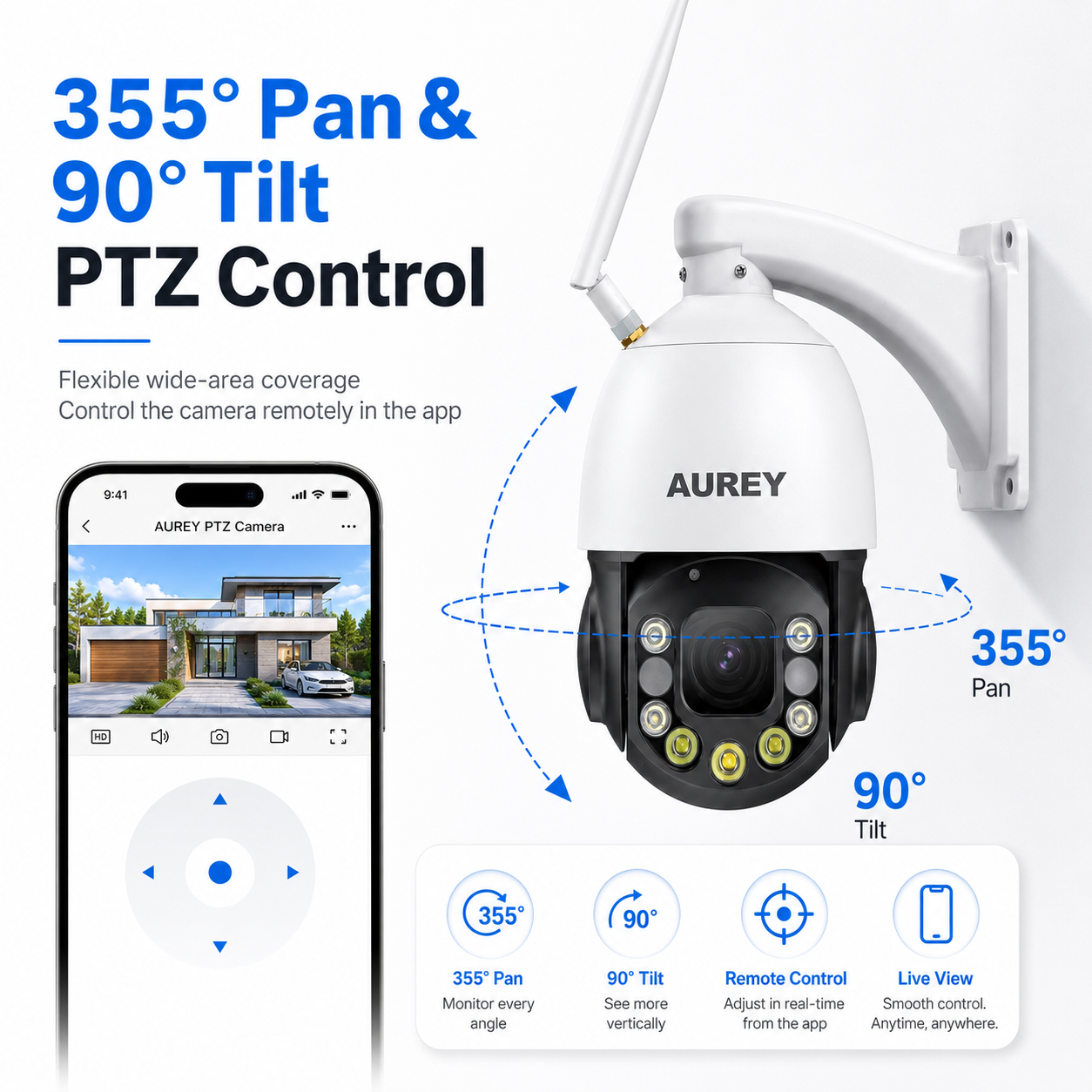 AUREY  48X Zoom 5MP WiFi PTZ Security Camera, Outdoor CCTV Dome Camera with Night Vision & Remote App Viewing
