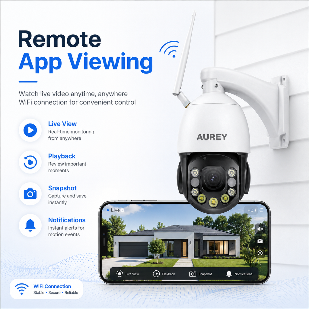 AUREY  48X Zoom 5MP WiFi PTZ Security Camera, Outdoor CCTV Dome Camera with Night Vision & Remote App Viewing