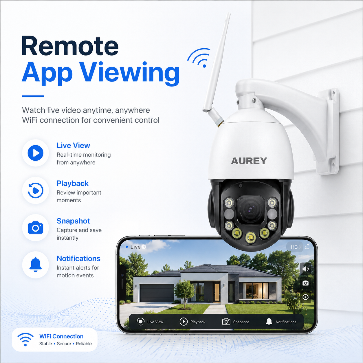 AUREY  48X Zoom 5MP WiFi PTZ Security Camera, Outdoor CCTV Dome Camera with Night Vision & Remote App Viewing
