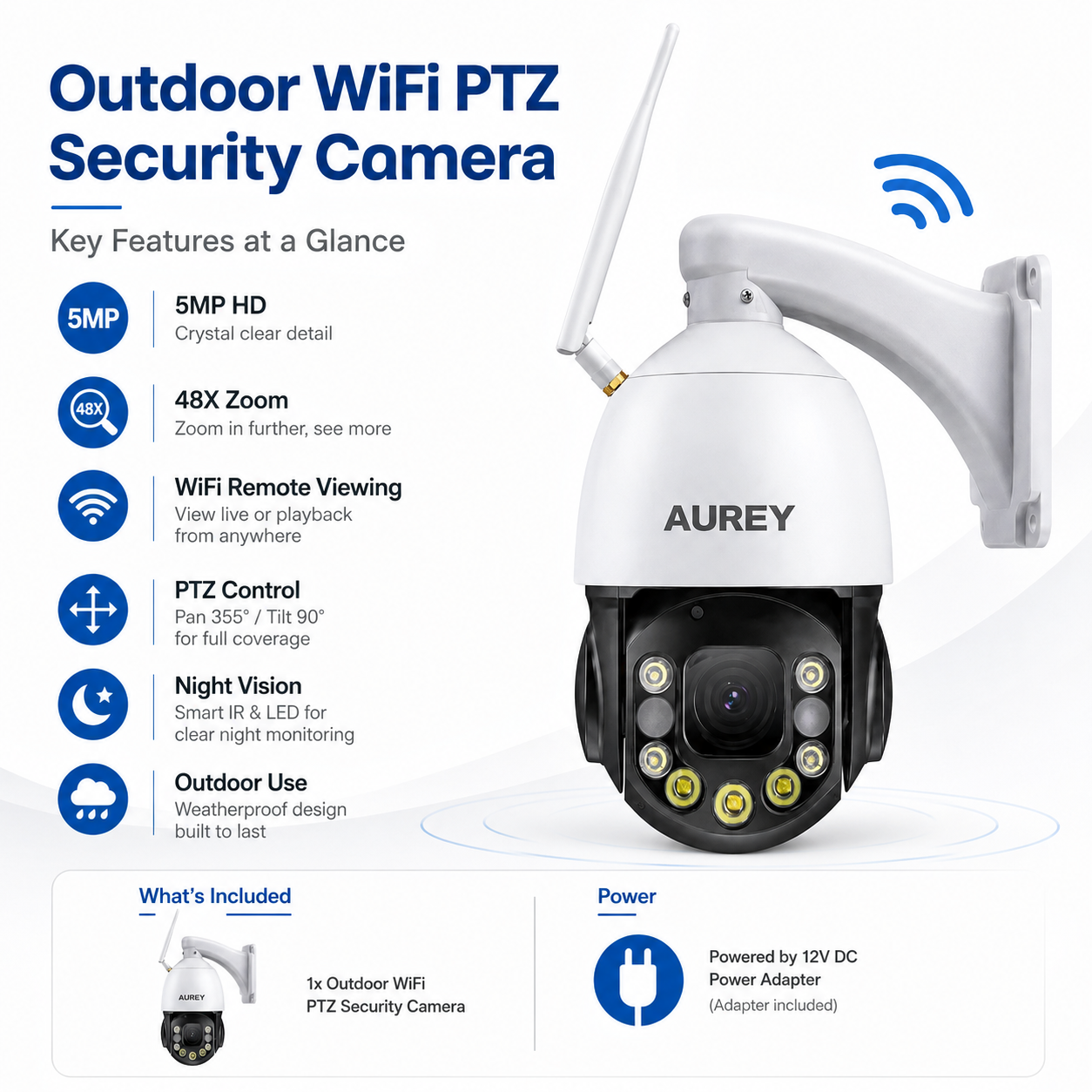 AUREY  48X Zoom 5MP WiFi PTZ Security Camera, Outdoor CCTV Dome Camera with Night Vision & Remote App Viewing