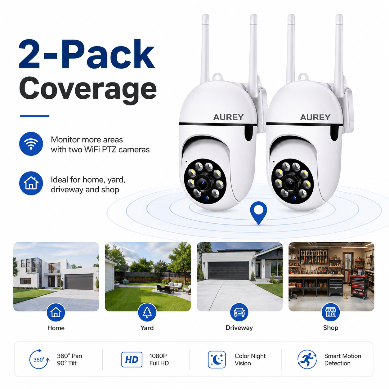 AUREY 2-Pack WiFi 2MP PTZ Security Cameras, Outdoor CCTV Dome Cameras with Night Vision, Motion Detection & Remote App Viewing