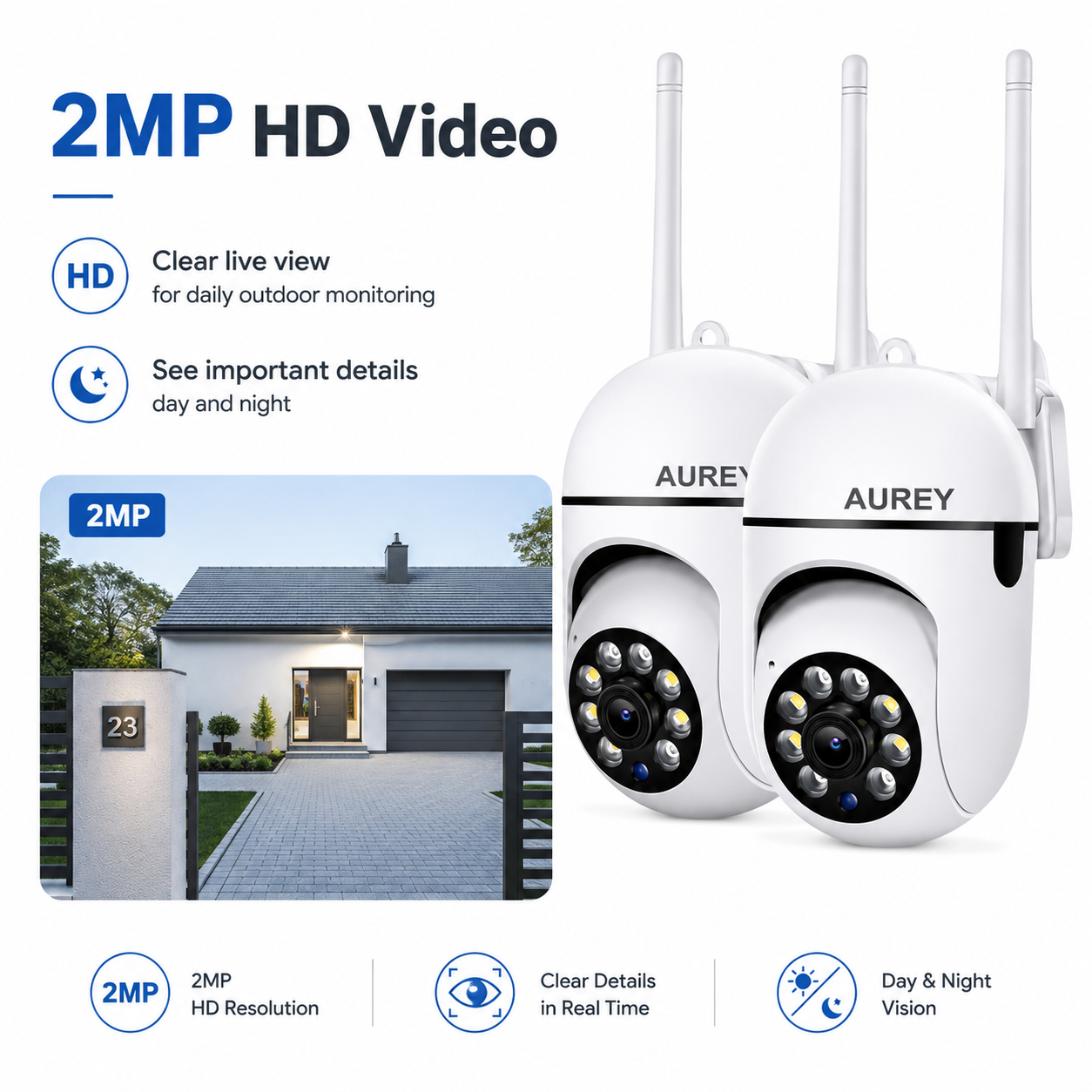 AUREY 2-Pack WiFi 2MP PTZ Security Cameras, Outdoor CCTV Dome Cameras with Night Vision, Motion Detection & Remote App Viewing