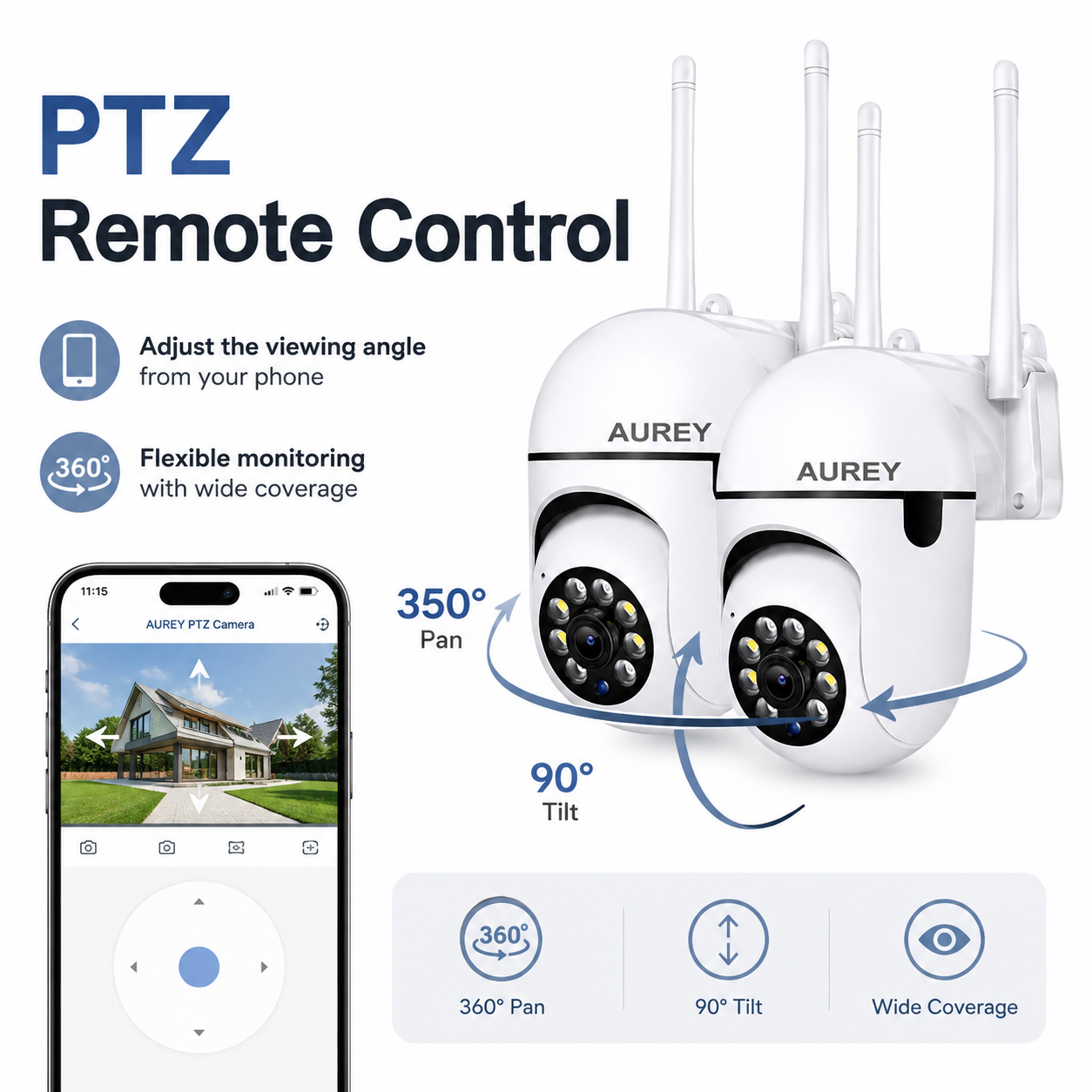 AUREY 2-Pack WiFi 2MP PTZ Security Cameras, Outdoor CCTV Dome Cameras with Night Vision, Motion Detection & Remote App Viewing