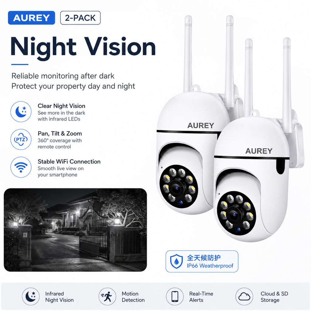 AUREY 2-Pack WiFi 2MP PTZ Security Cameras, Outdoor CCTV Dome Cameras with Night Vision, Motion Detection & Remote App Viewing