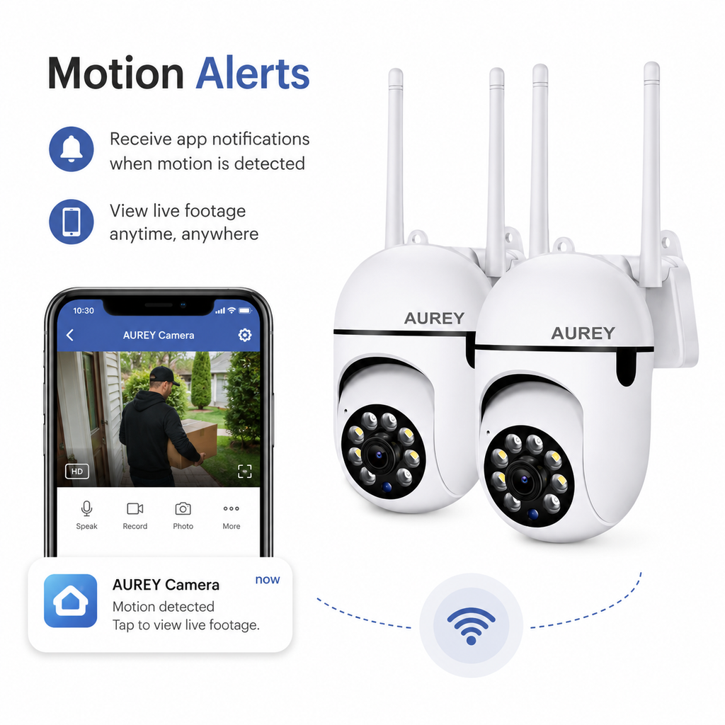 AUREY 2-Pack WiFi 2MP PTZ Security Cameras, Outdoor CCTV Dome Cameras with Night Vision, Motion Detection & Remote App Viewing