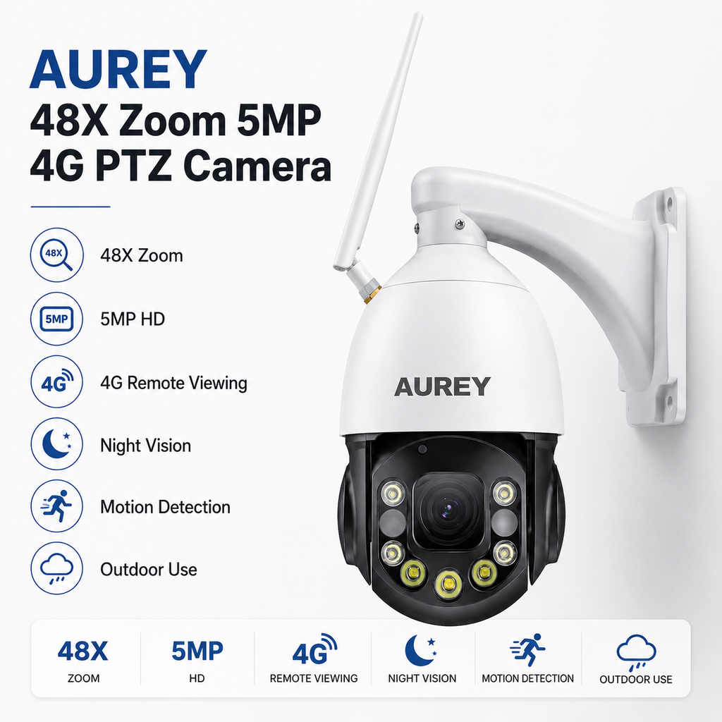 AUREY 48X Zoom 5MP 4G & WiFi PTZ Security Camera, Outdoor CCTV Dome Camera with Night Vision, Motion Detection & Remote Viewing
