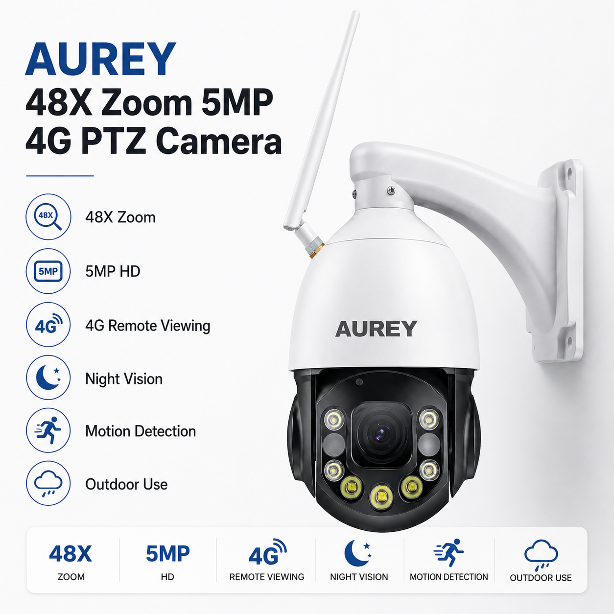 AUREY 48X Zoom 5MP 4G & WiFi PTZ Security Camera, Outdoor CCTV Dome Camera with Night Vision, Motion Detection & Remote Viewing