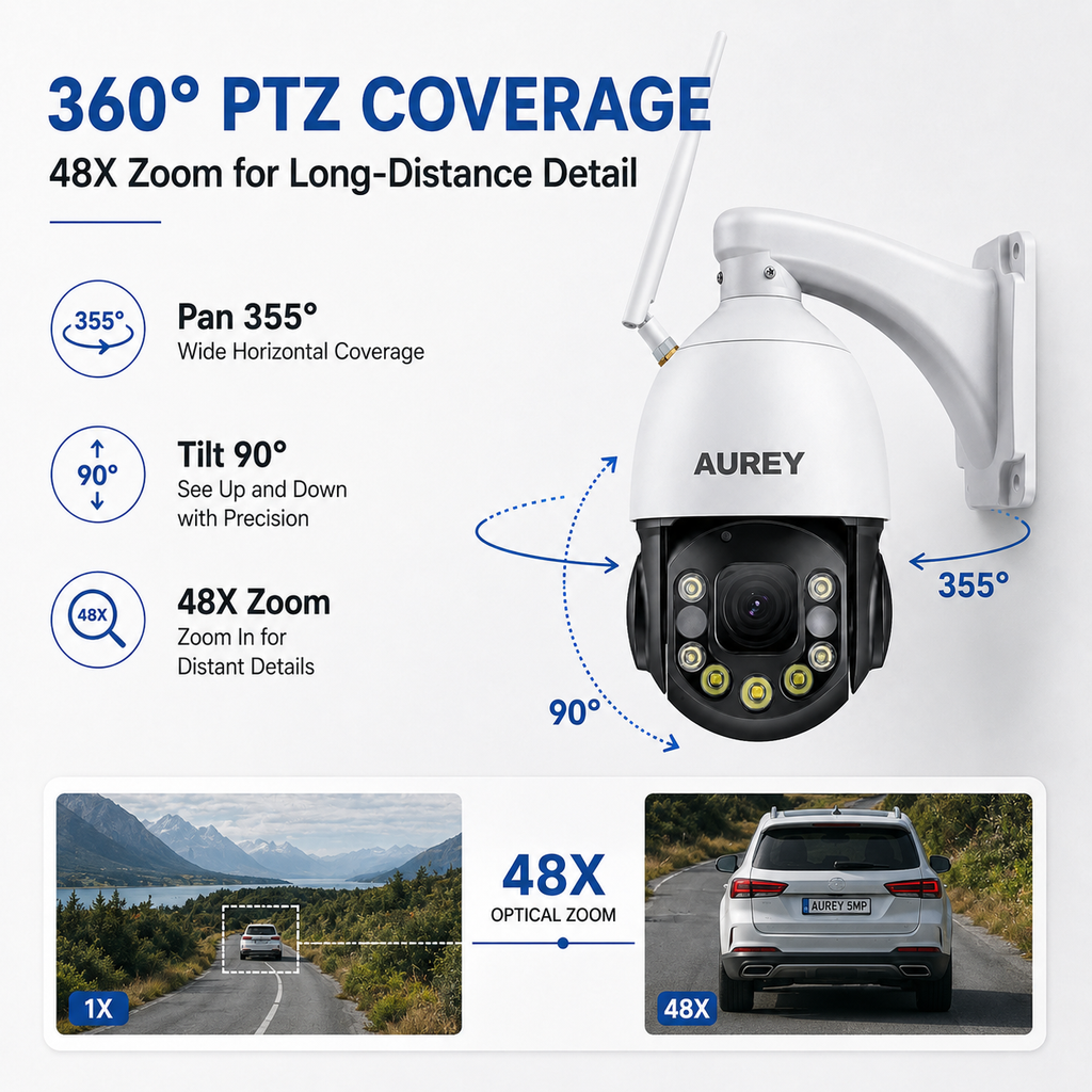 AUREY 48X Zoom 5MP 4G & WiFi PTZ Security Camera, Outdoor CCTV Dome Camera with Night Vision, Motion Detection & Remote Viewing