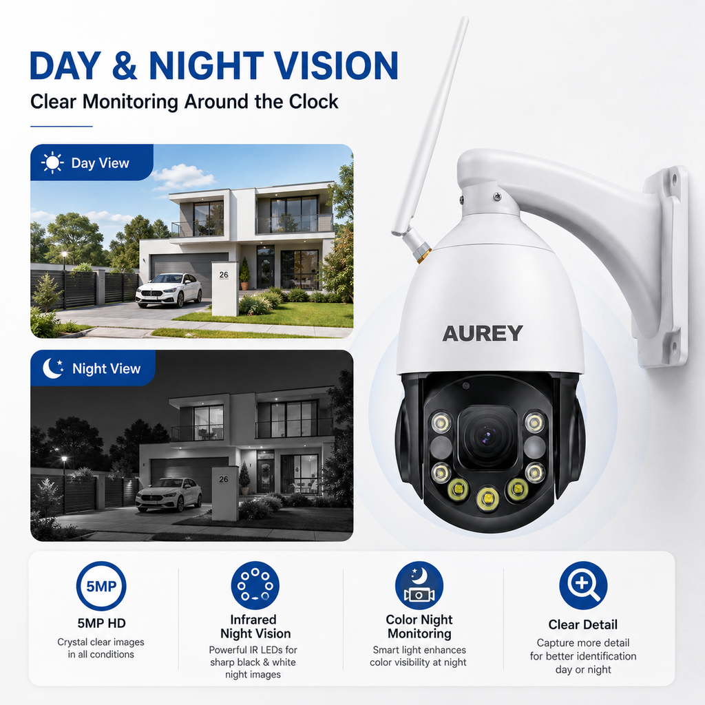 AUREY 48X Zoom 5MP 4G & WiFi PTZ Security Camera, Outdoor CCTV Dome Camera with Night Vision, Motion Detection & Remote Viewing