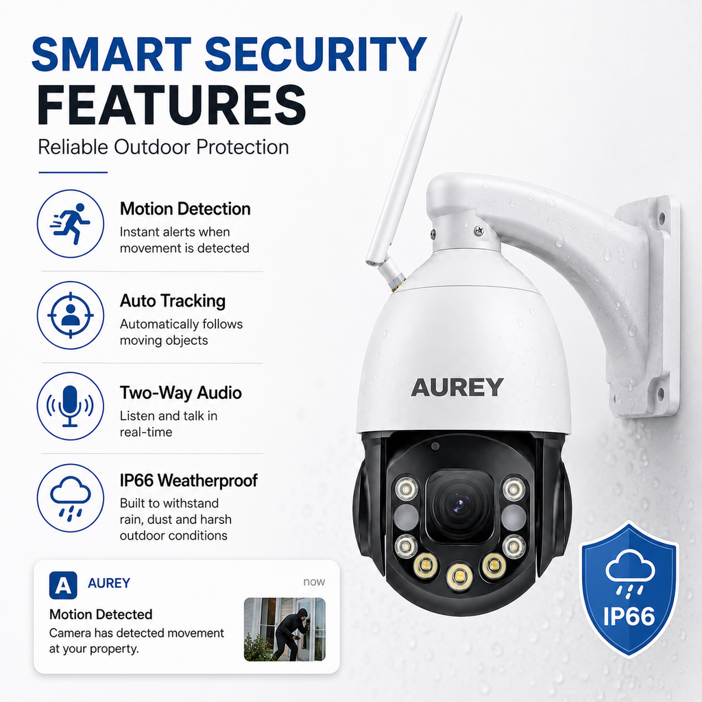 AUREY 48X Zoom 5MP 4G & WiFi PTZ Security Camera, Outdoor CCTV Dome Camera with Night Vision, Motion Detection & Remote Viewing