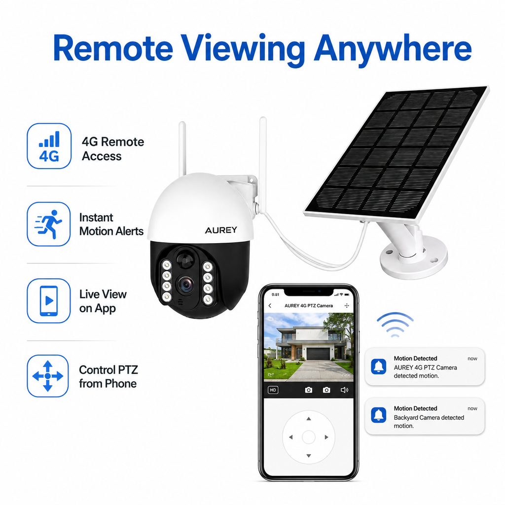 AUREY  Solar 4G 2MP PTZ Security Camera, Outdoor CCTV Camera with Night Vision, Motion Detection & Two-Way Audio