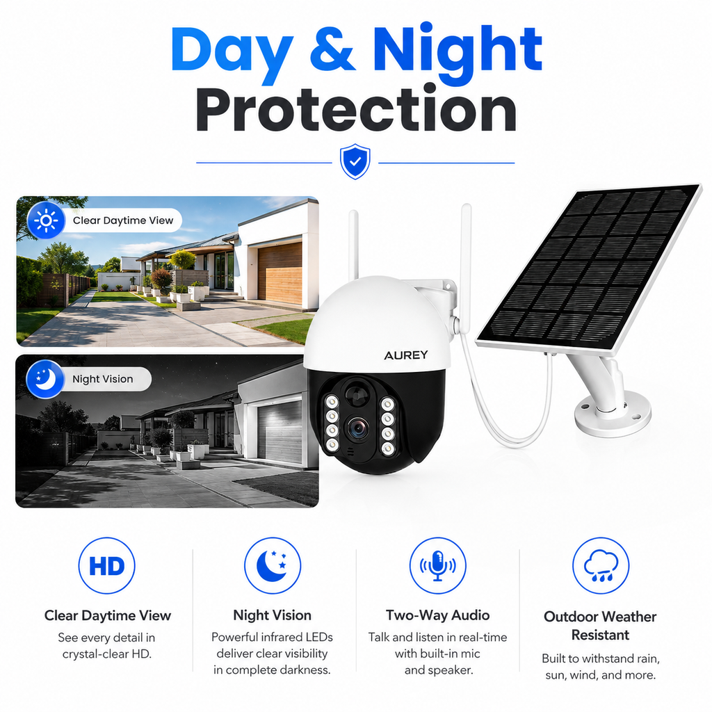 AUREY  Solar 4G 2MP PTZ Security Camera, Outdoor CCTV Camera with Night Vision, Motion Detection & Two-Way Audio