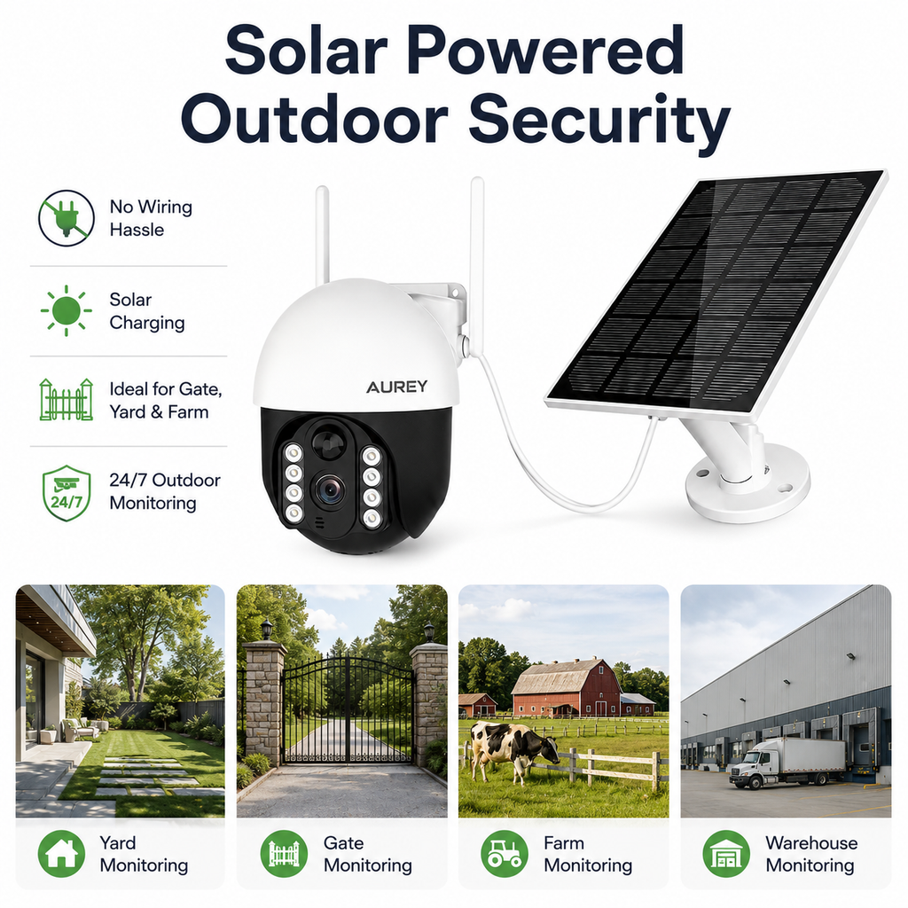 AUREY  Solar 4G 2MP PTZ Security Camera, Outdoor CCTV Camera with Night Vision, Motion Detection & Two-Way Audio