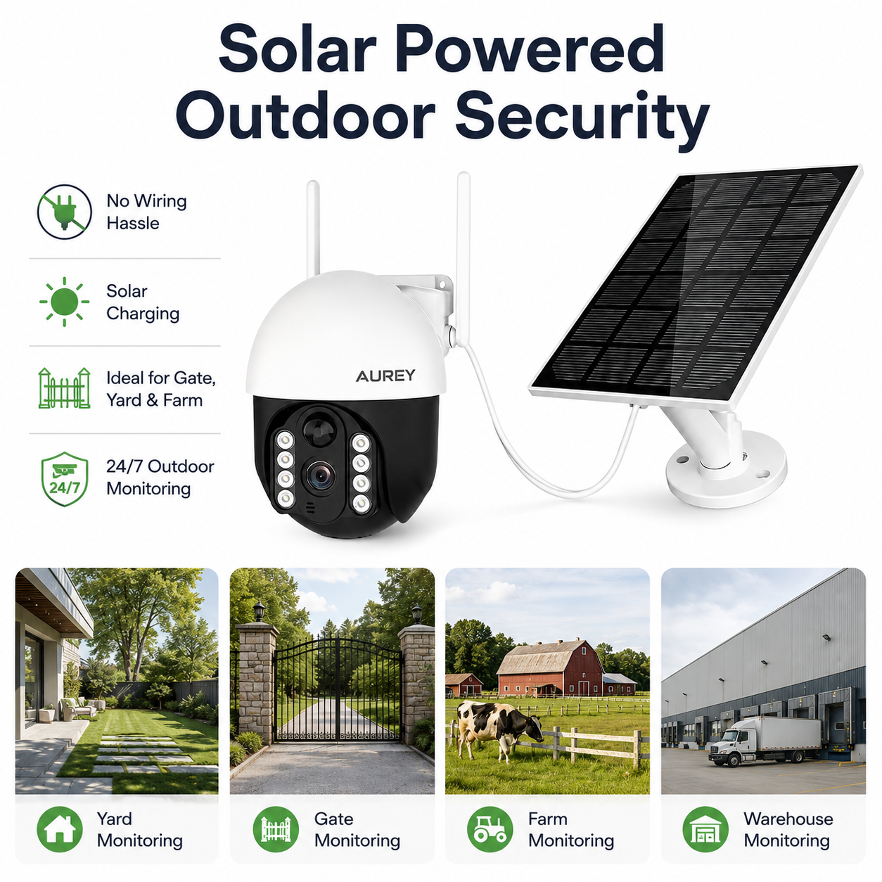 AUREY  Solar 4G 2MP PTZ Security Camera, Outdoor CCTV Camera with Night Vision, Motion Detection & Two-Way Audio