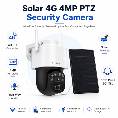 AUREY  Solar 4G 4MP PTZ Security Camera, Outdoor CCTV Camera with Night Vision, Motion Detection & Remote App Viewing