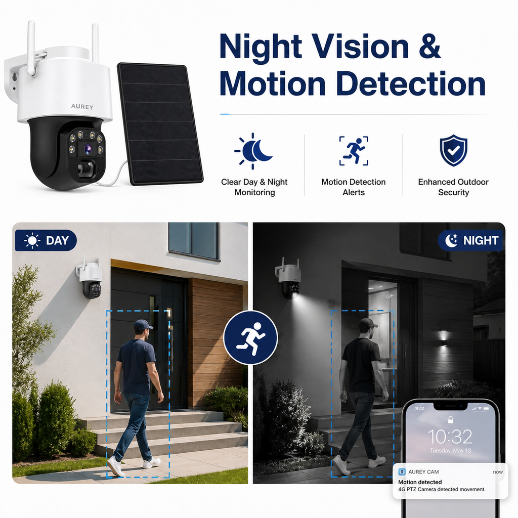 AUREY  Solar 4G 4MP PTZ Security Camera, Outdoor CCTV Camera with Night Vision, Motion Detection & Remote App Viewing
