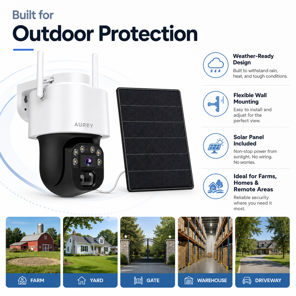 AUREY  Solar 4G 4MP PTZ Security Camera, Outdoor CCTV Camera with Night Vision, Motion Detection & Remote App Viewing