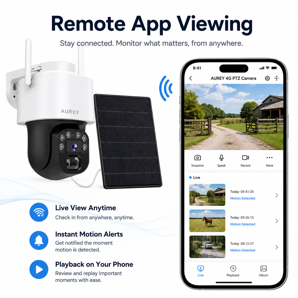 AUREY  Solar 4G 4MP PTZ Security Camera, Outdoor CCTV Camera with Night Vision, Motion Detection & Remote App Viewing