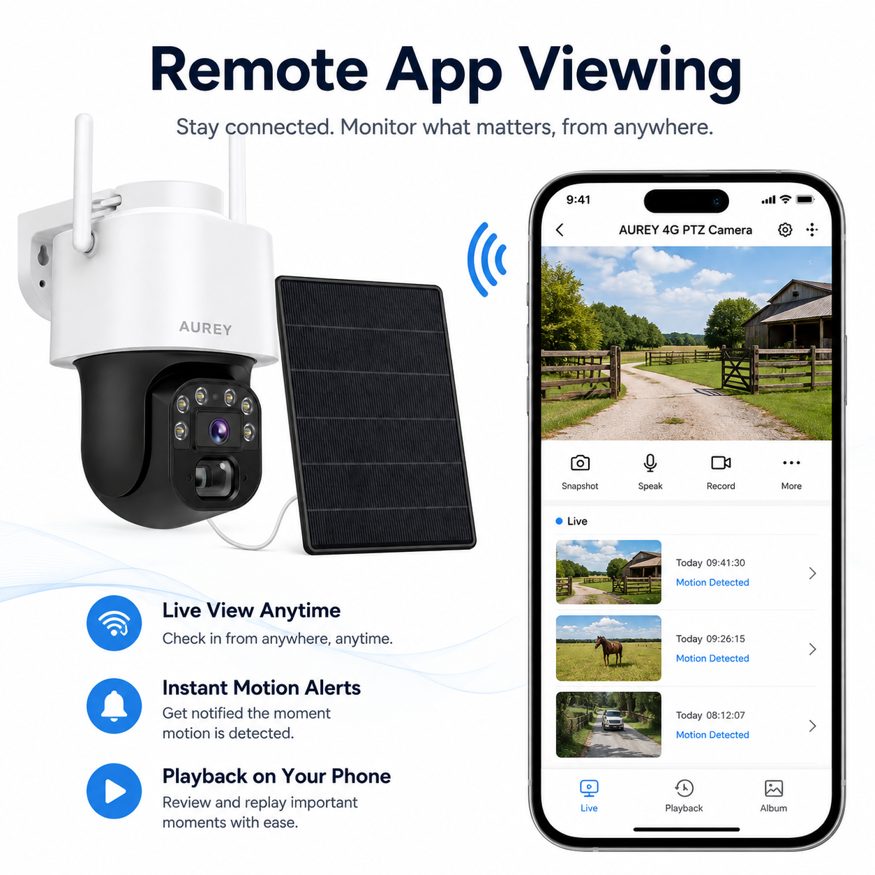 AUREY  Solar 4G 4MP PTZ Security Camera, Outdoor CCTV Camera with Night Vision, Motion Detection & Remote App Viewing