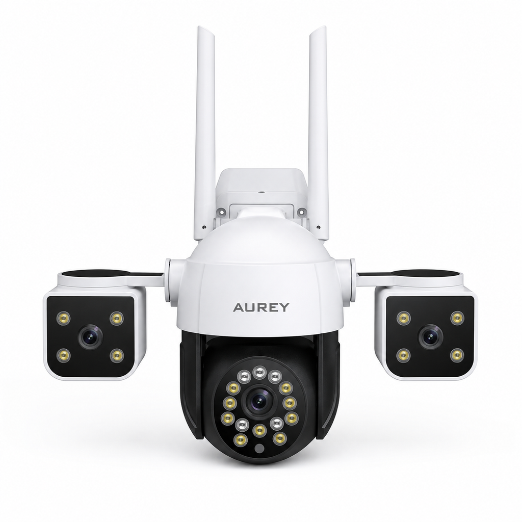 AUREY 6MP Triple-Lens WiFi PTZ Security Camera, Outdoor CCTV Camera with Night Vision, Motion Detection & Two-Way Audio