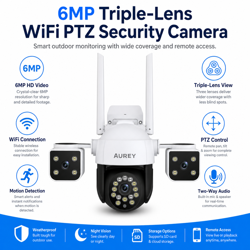 AUREY 6MP Triple-Lens WiFi PTZ Security Camera, Outdoor CCTV Camera with Night Vision, Motion Detection & Two-Way Audio