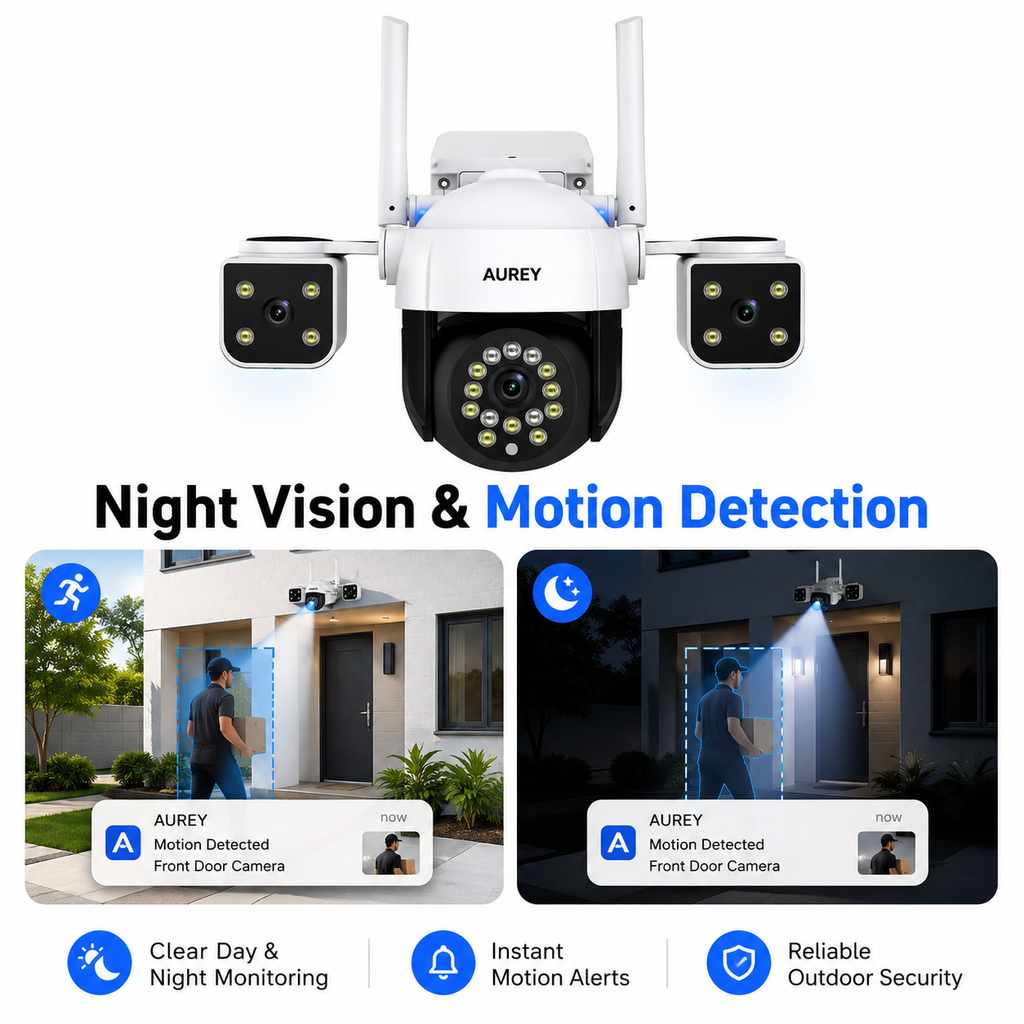 AUREY 6MP Triple-Lens WiFi PTZ Security Camera, Outdoor CCTV Camera with Night Vision, Motion Detection & Two-Way Audio
