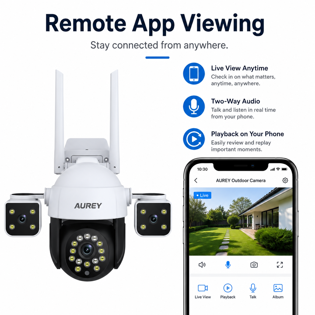 AUREY 6MP Triple-Lens WiFi PTZ Security Camera, Outdoor CCTV Camera with Night Vision, Motion Detection & Two-Way Audio