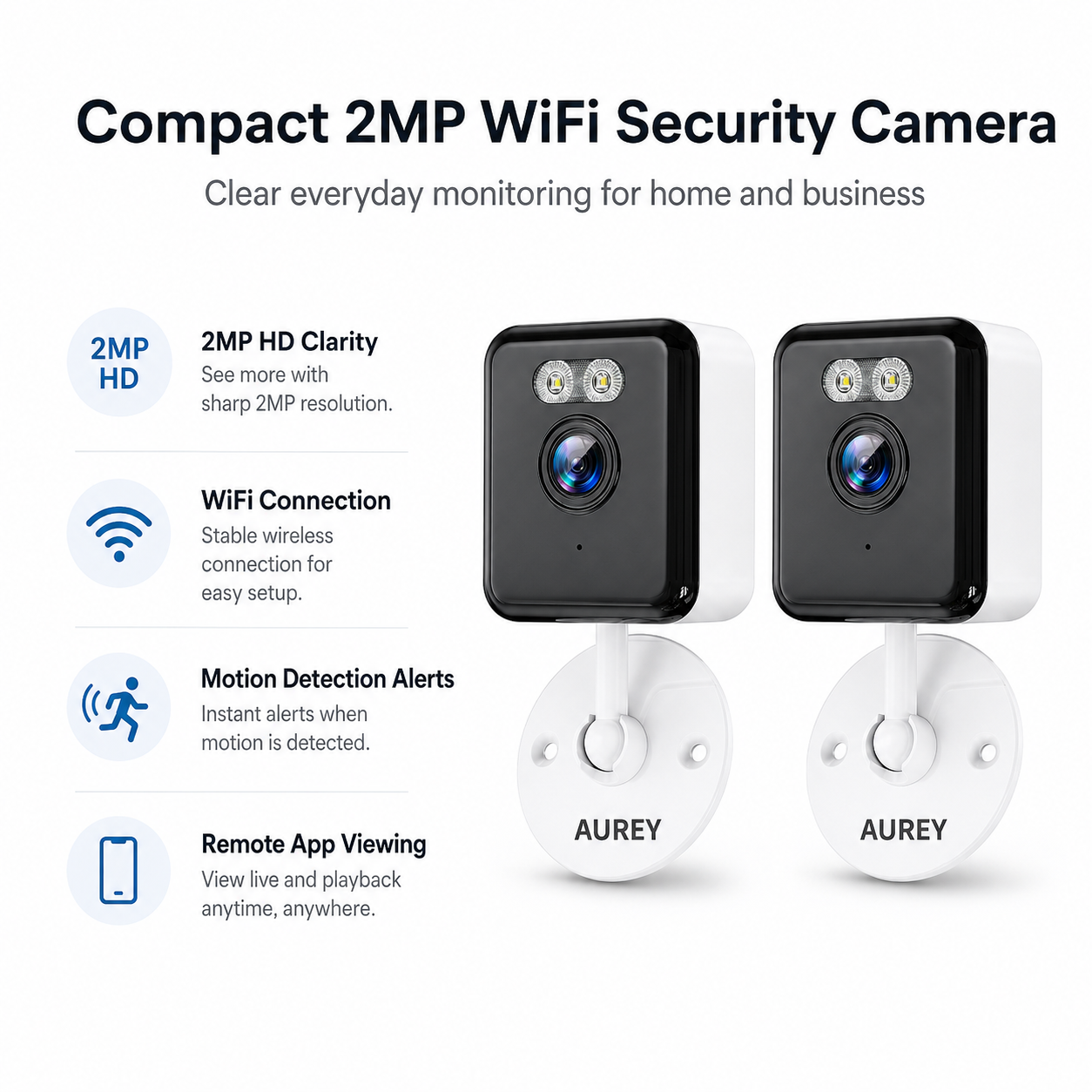 AUREY  Compact 2MP WiFi Security Camera, Wall-Mounted CCTV Camera with Night Vision, Motion Detection & Remote App Viewing
