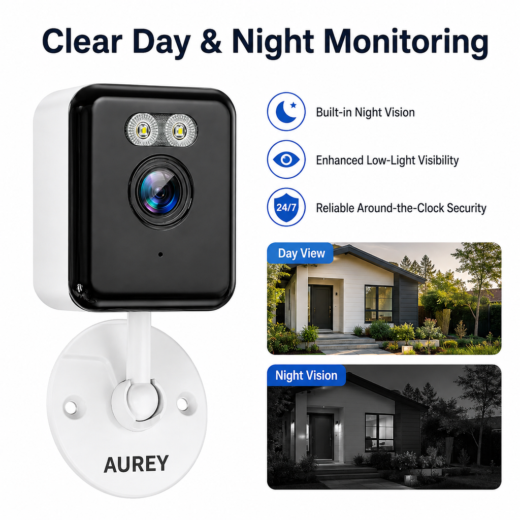 AUREY  Compact 2MP WiFi Security Camera, Wall-Mounted CCTV Camera with Night Vision, Motion Detection & Remote App Viewing