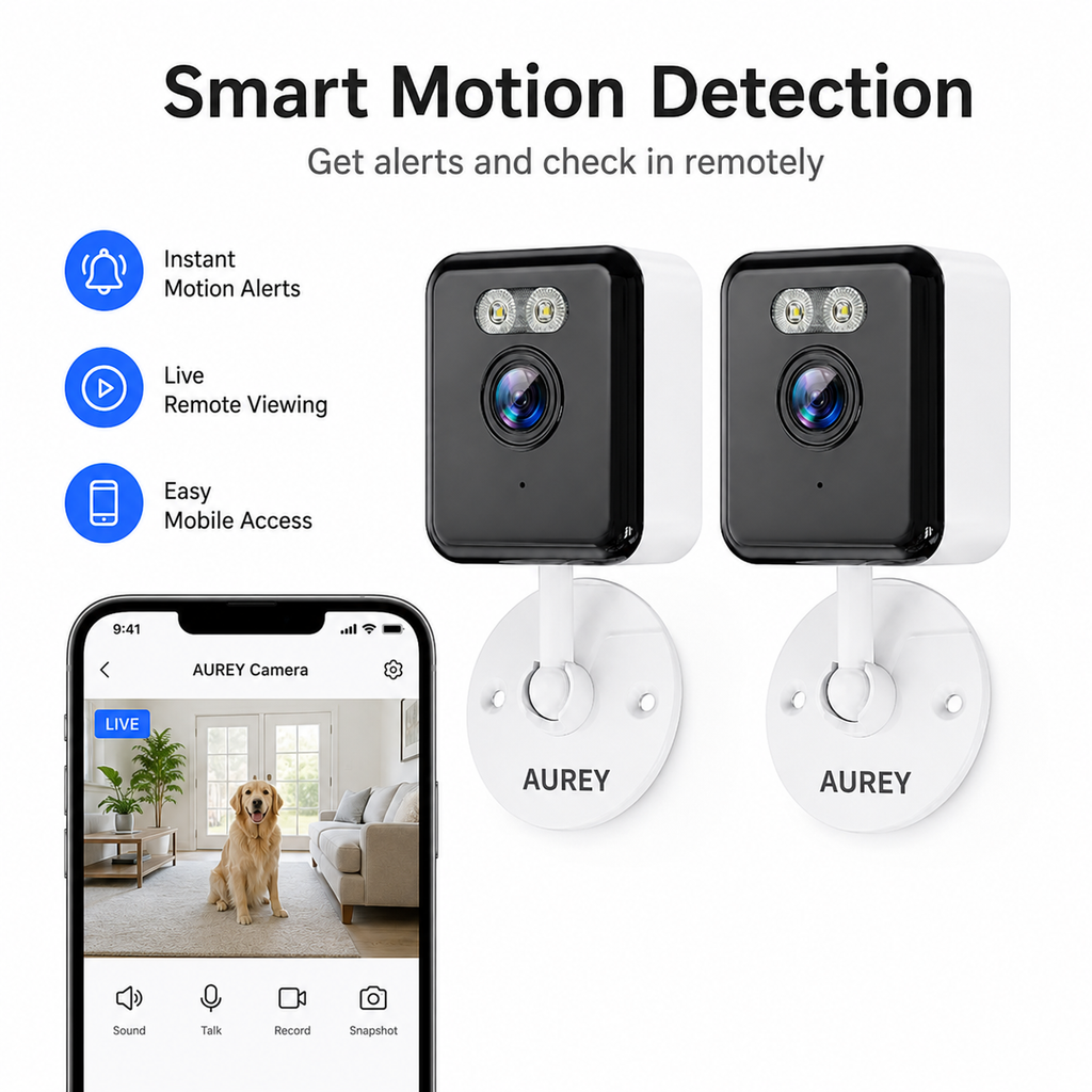 AUREY  Compact 2MP WiFi Security Camera, Wall-Mounted CCTV Camera with Night Vision, Motion Detection & Remote App Viewing