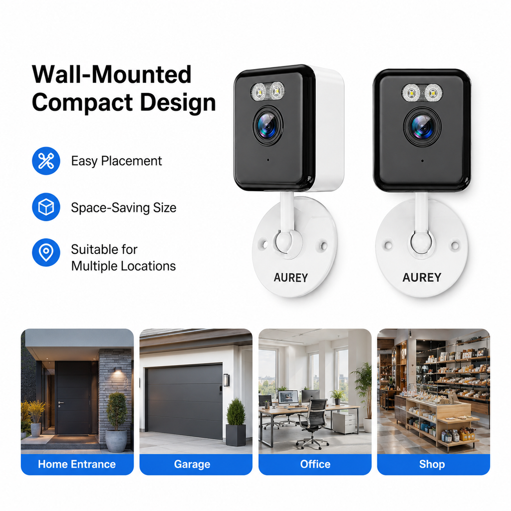 AUREY  Compact 2MP WiFi Security Camera, Wall-Mounted CCTV Camera with Night Vision, Motion Detection & Remote App Viewing