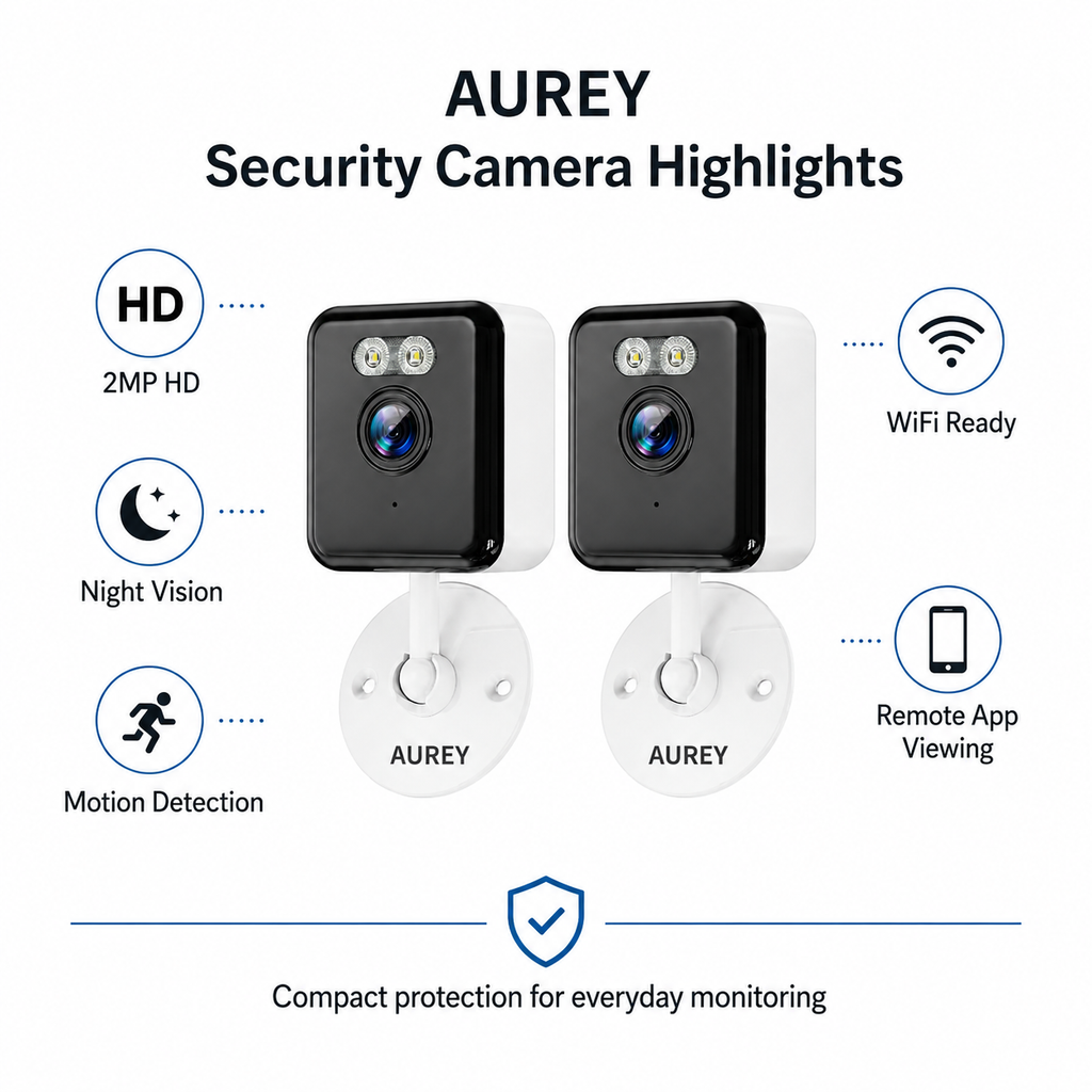 AUREY  Compact 2MP WiFi Security Camera, Wall-Mounted CCTV Camera with Night Vision, Motion Detection & Remote App Viewing