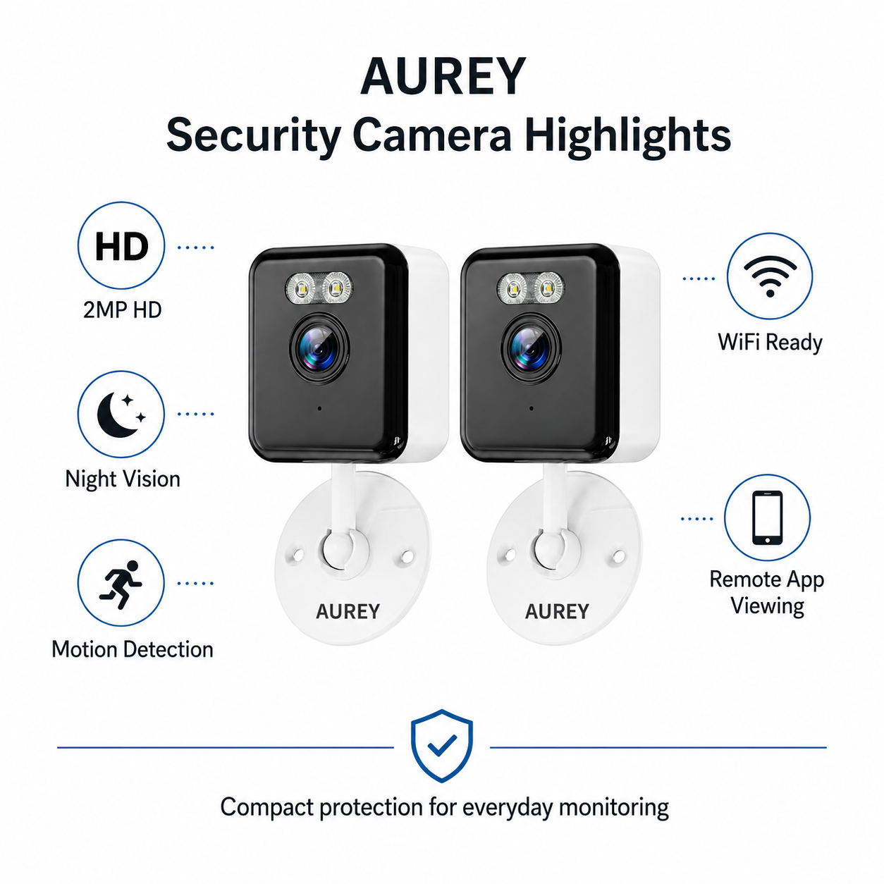 AUREY  Compact 2MP WiFi Security Camera, Wall-Mounted CCTV Camera with Night Vision, Motion Detection & Remote App Viewing