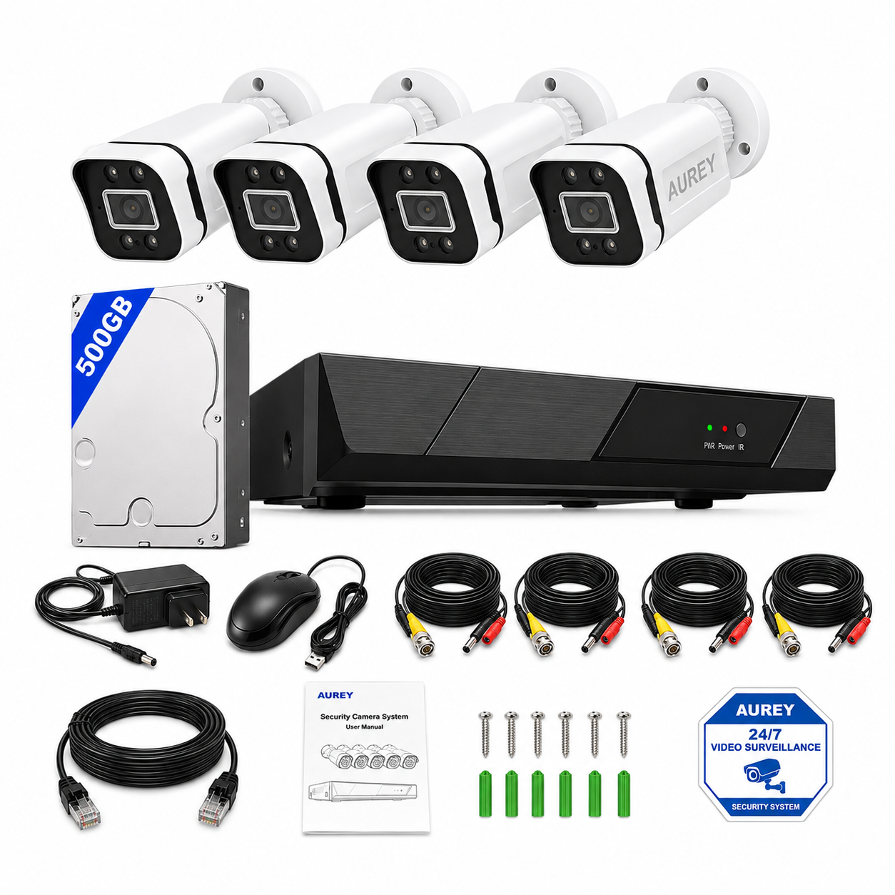 AUREY 4-Channel 5MP Wired Security Camera System with Hard Drive, 4-Camera CCTV Kit with DVR and Remote Viewing