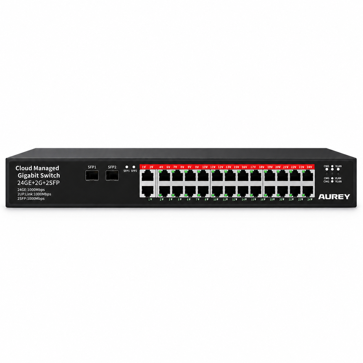 AUREY 24-Port Gigabit Switch, 24GE + 2G Uplink + 2SFP Cloud Managed Switch for PoE CCTV Cameras, NVR and Security Monitoring Systems