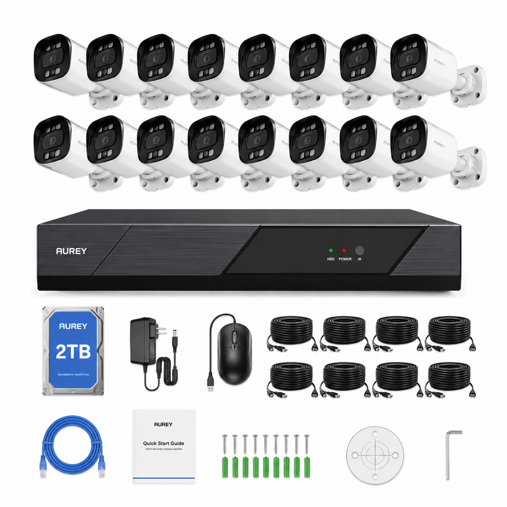 AUREY 16CH 5MP Wired CCTV Security Camera System with 16 Outdoor Cameras, DVR Recorder, 2TB HDD, Night Vision & Remote Viewing