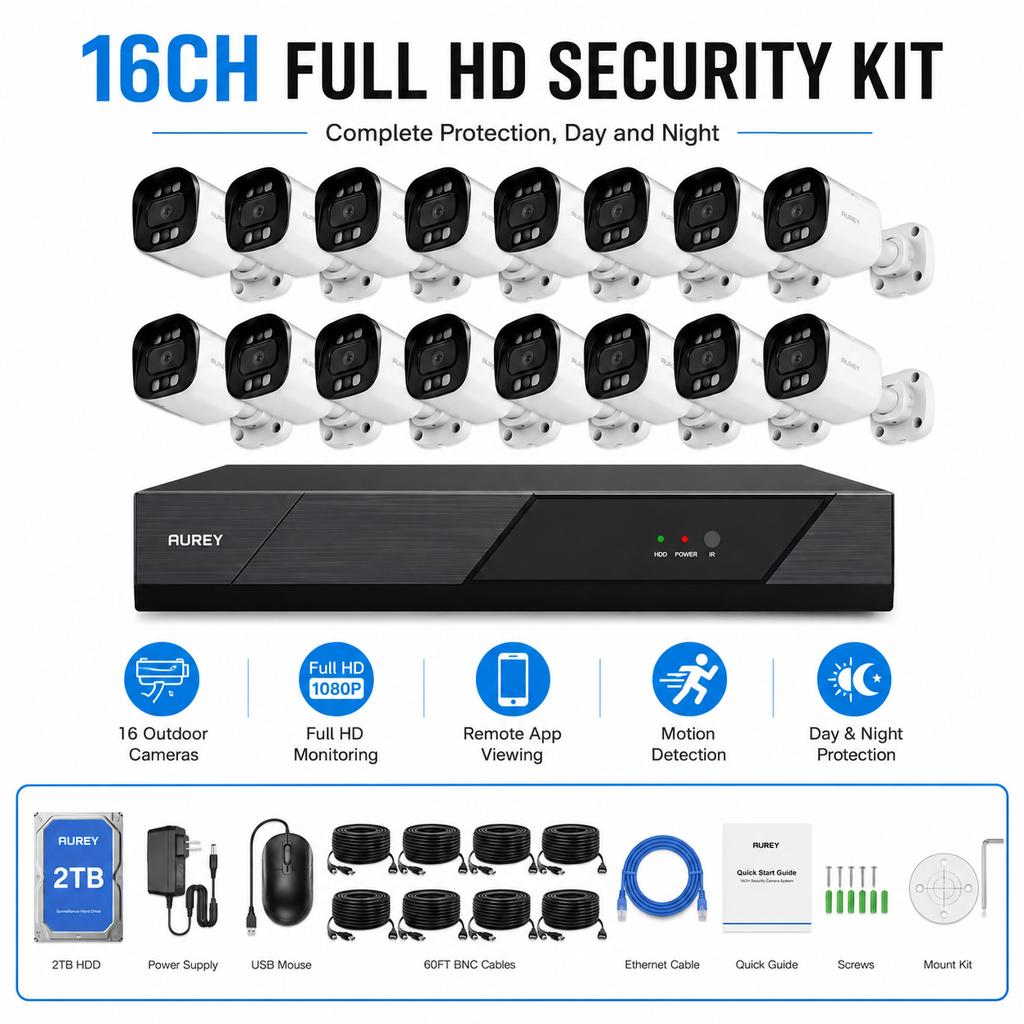 AUREY 16CH 5MP Wired CCTV Security Camera System with 16 Outdoor Cameras, DVR Recorder, 2TB HDD, Night Vision & Remote Viewing