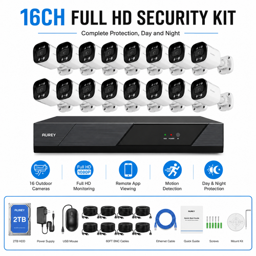 AUREY 16CH 5MP Wired CCTV Security Camera System with 16 Outdoor Cameras, DVR Recorder, 2TB HDD, Night Vision & Remote Viewing