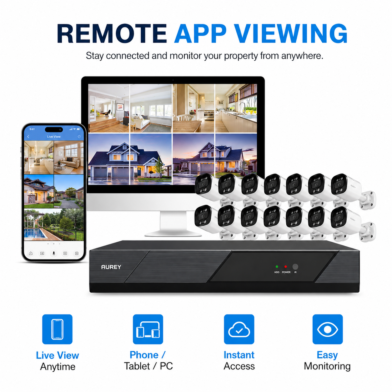 AUREY 16CH 5MP Wired CCTV Security Camera System with 16 Outdoor Cameras, DVR Recorder, 2TB HDD, Night Vision & Remote Viewing