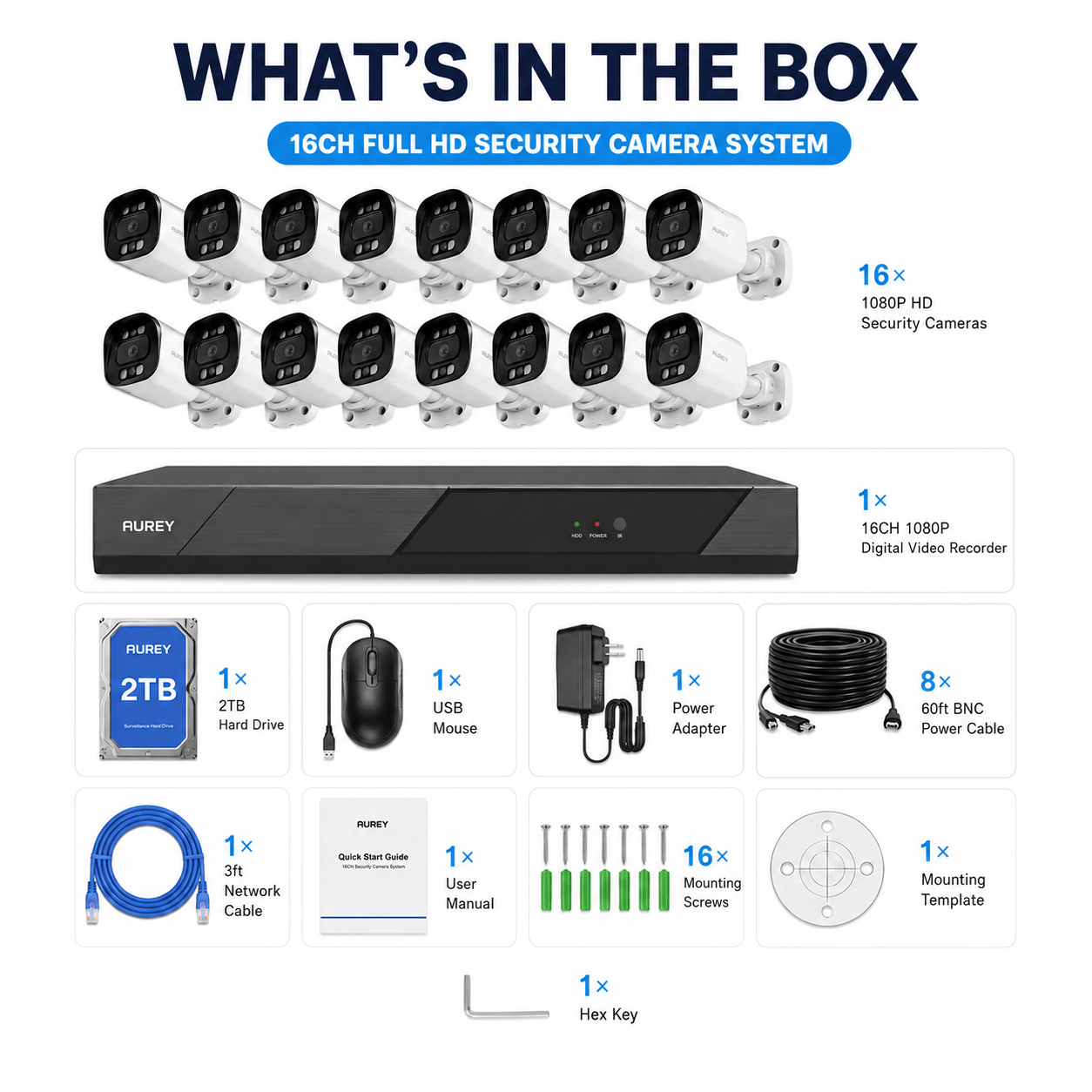AUREY 16CH 5MP Wired CCTV Security Camera System with 16 Outdoor Cameras, DVR Recorder, 2TB HDD, Night Vision & Remote Viewing