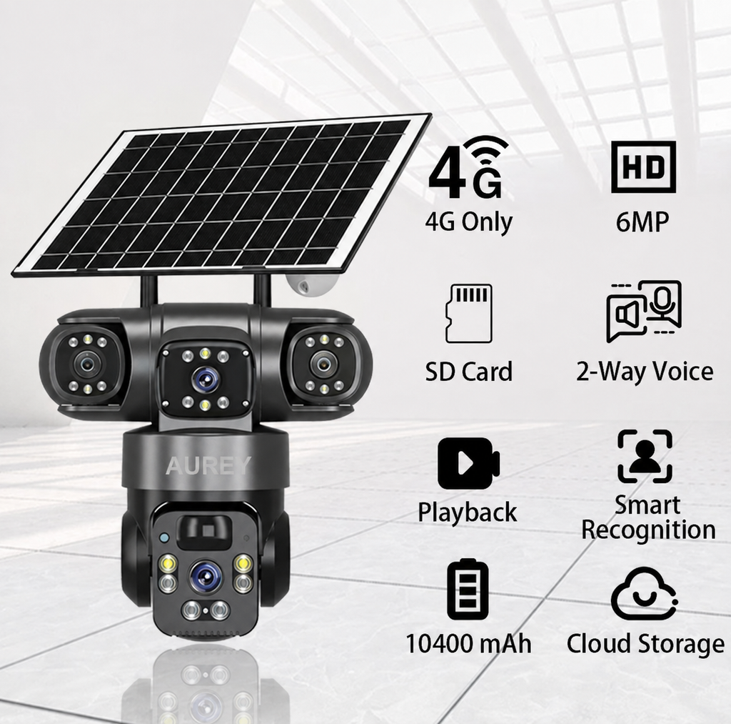 AUREY Solar 4G 6MP Triple-lens PTZ Security Camera – SIM Card, Motion Alerts