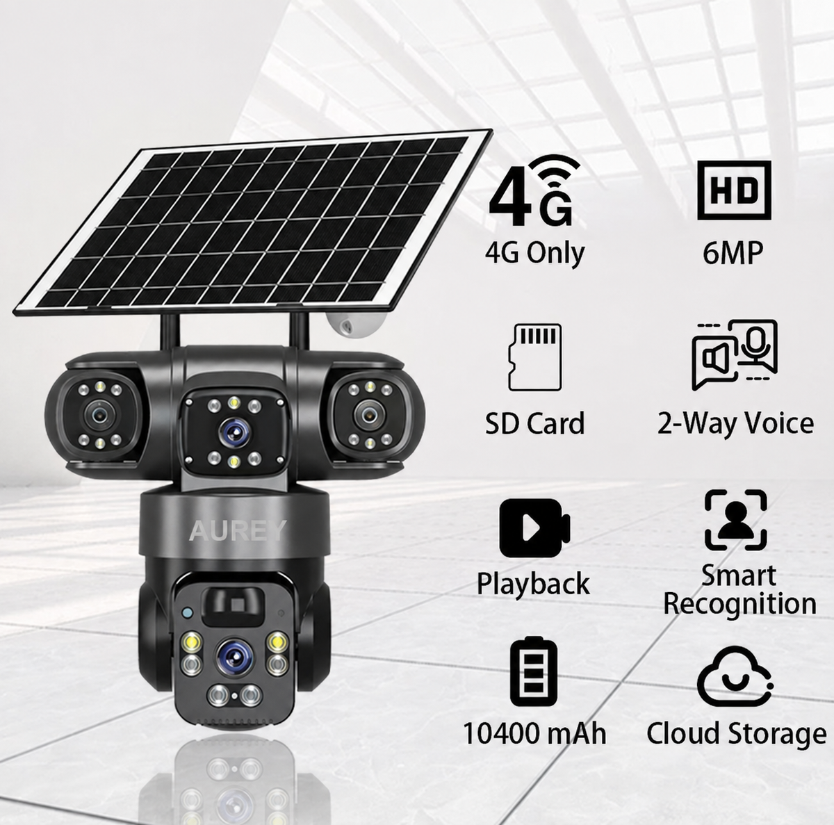 AUREY Solar 4G 6MP Triple-lens PTZ Security Camera – SIM Card, Motion Alerts