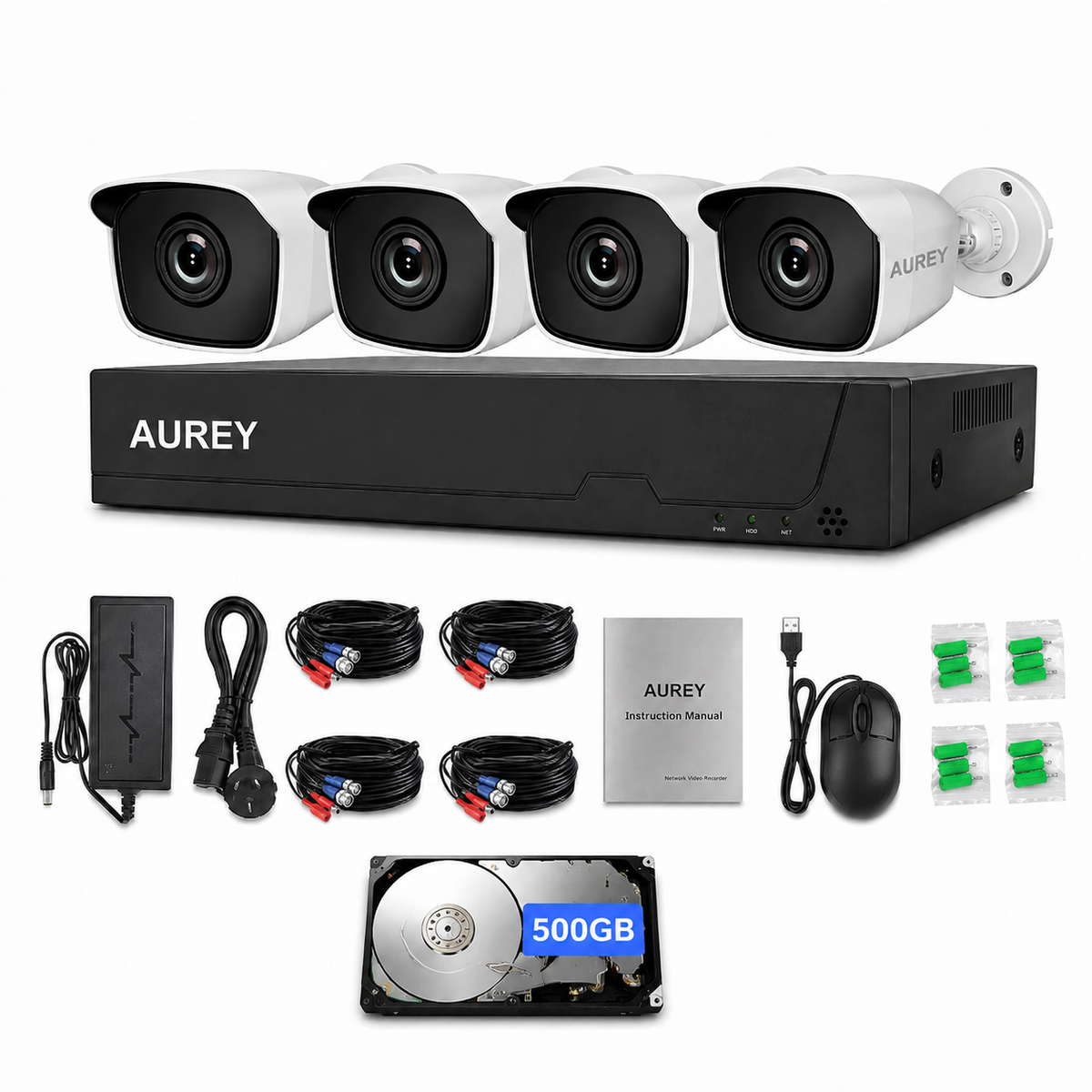 AUREY 4-Channel Wired Security Camera System, Compact Outdoor CCTV Kit with DVR, Night Vision & Remote Viewing, Hard Drive Not Included