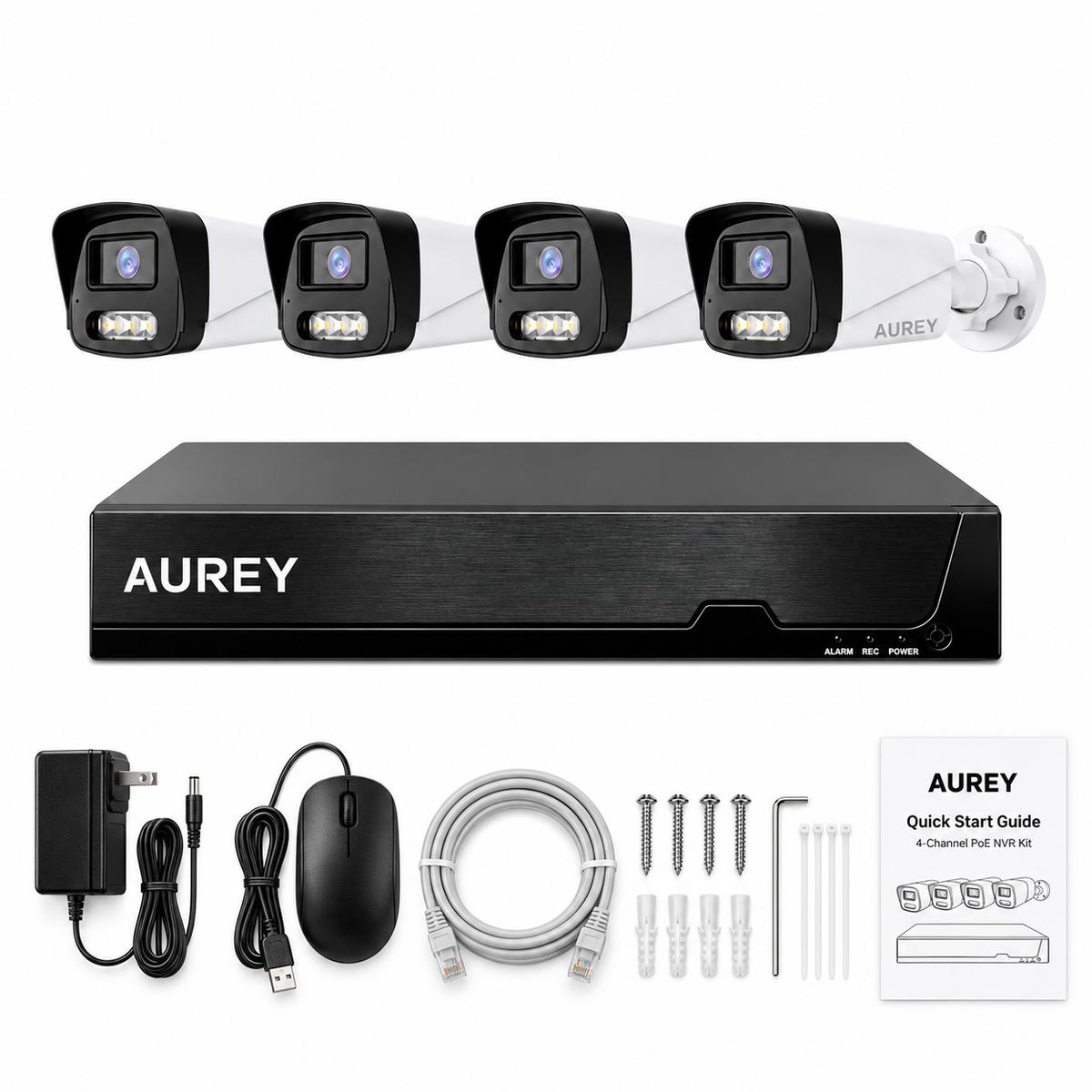 AUREY 4-Channel 5MP PoE Security Camera System with 500GB Hard Drive, 4-Camera Wired CCTV Kit with NVR, Night Vision & Remote Viewing