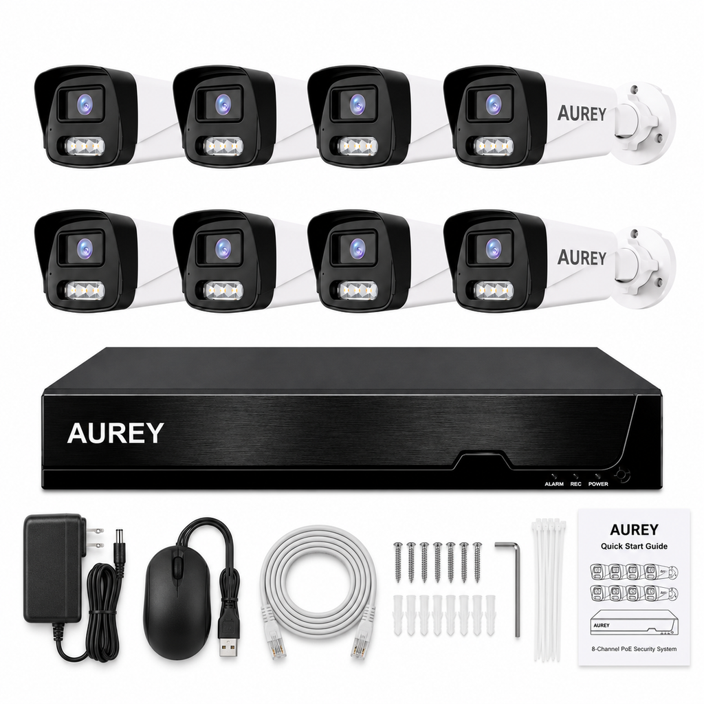 AUREY 8-Channel 5MP WiFi Security Camera System with 500GB Hard Drive, 8-Camera Wired CCTV Kit with NVR, Night Vision & Remote Viewing