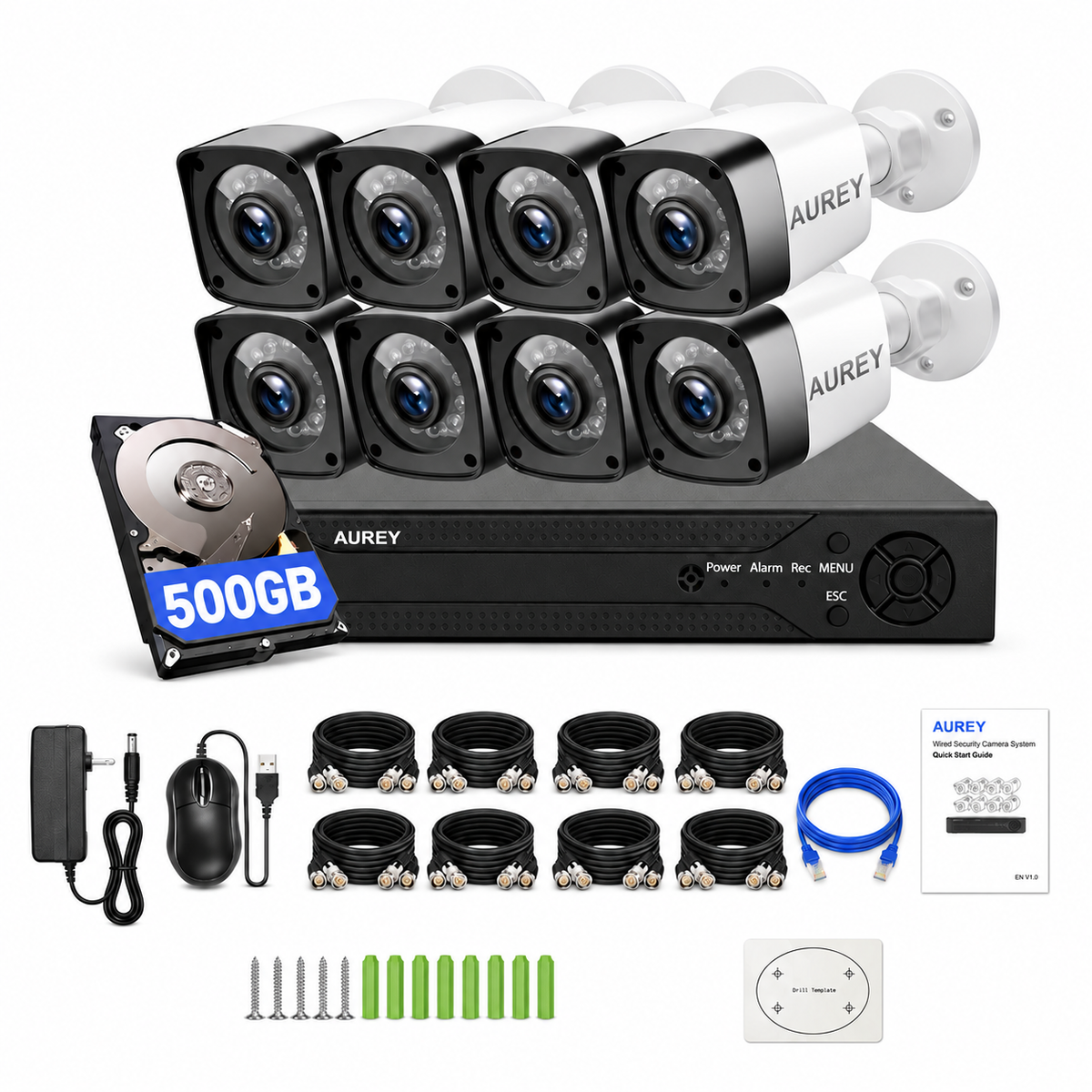 AUREY 8-Channel 3MP Wired Security Camera System with 500G Hard Drive, 8-Camera Outdoor CCTV Kit with DVR, Night Vision & Remote Viewing