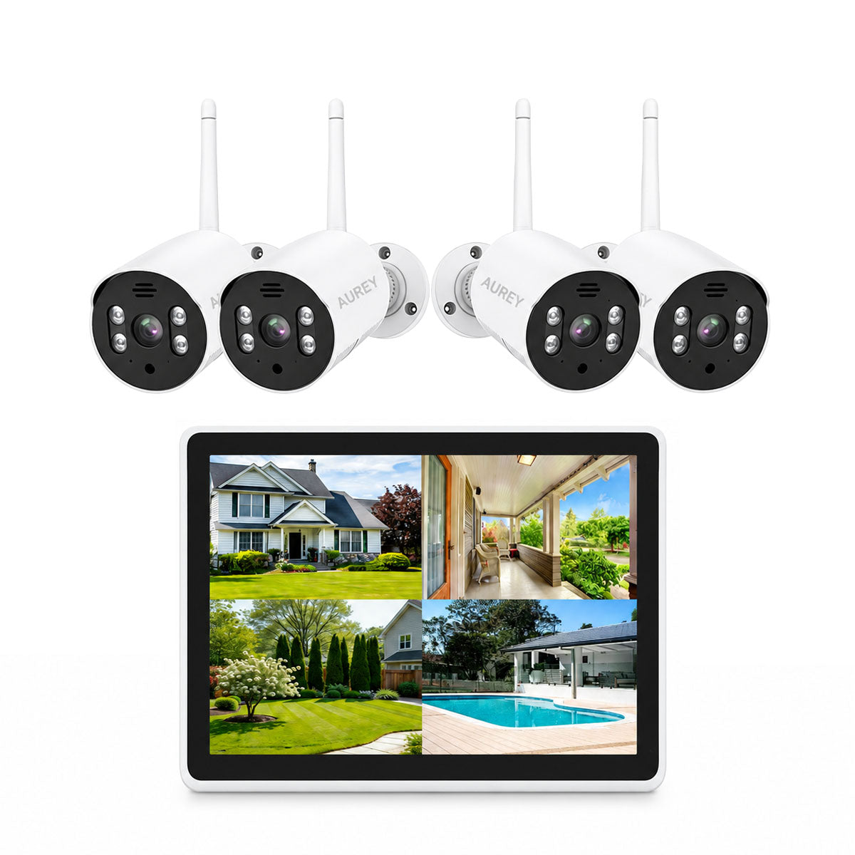 AUREY 4-Channel 3MP WIFI Security Camera System with Monitor, 4-Camera CCTV Kit with Screen, Night Vision & Remote Viewing, Hard Drive Not Included