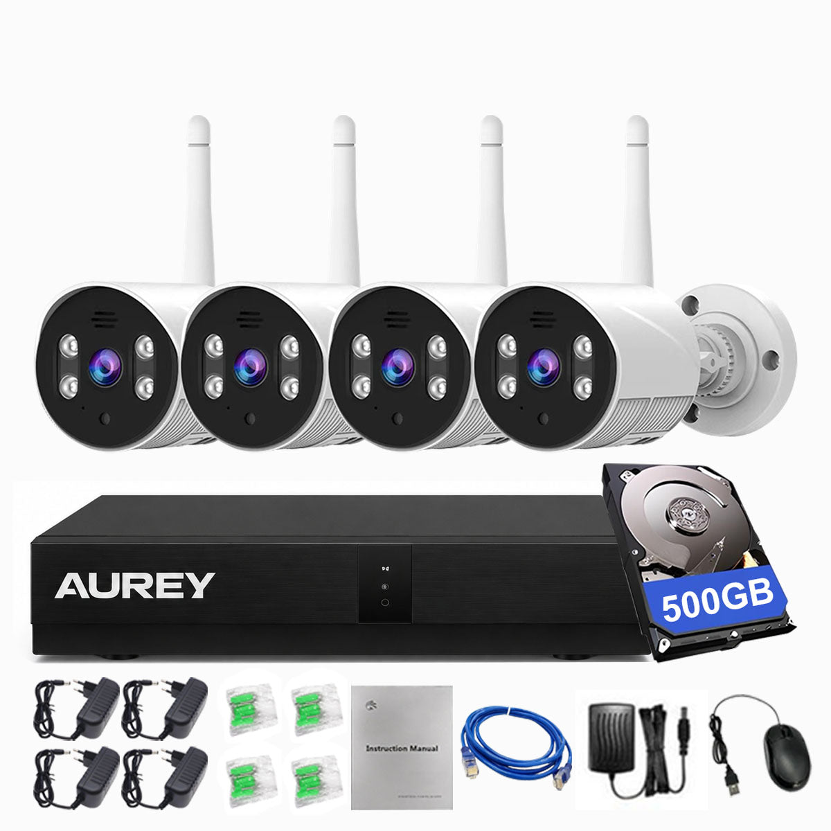 AUREY 4-Channel 3MP Security Camera System with 500GB Hard Drive, 4-Camera WiFi CCTV Kit with NVR, Night Vision & Remote Viewing