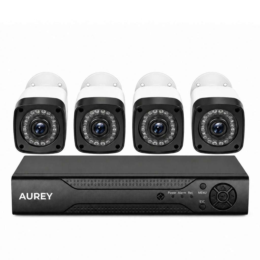 AUREY 4-Channel Wired Security Camera System, Outdoor CCTV Kit with Recorder, Night Vision & Remote Viewing, Hard Drive Not Included
