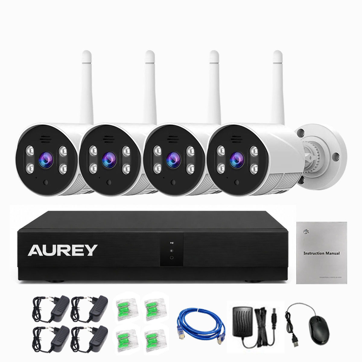 AUREY 4-Channel Security Camera System, 4-Camera WiFi CCTV Kit with NVR, Night Vision & Remote Viewing, Hard Drive Not Included